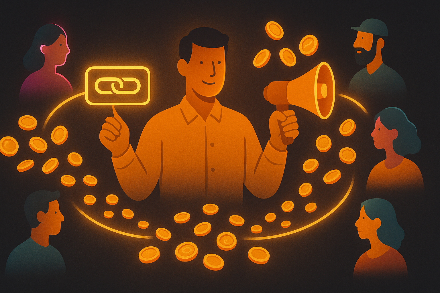 A partner sharing a referral link, with commission flowing back from a network of members